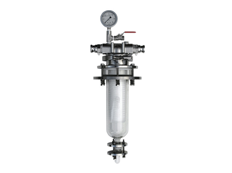 Inline cartridge filter housing with glass sump